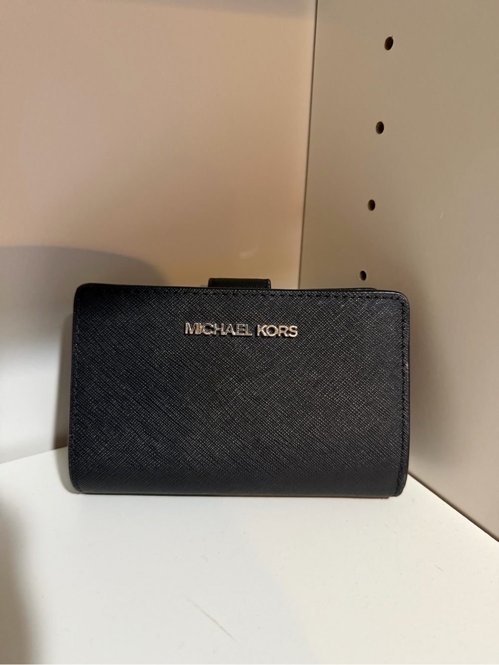 Michael Kors Black Saffiano Compact Wallet with Gold Logo